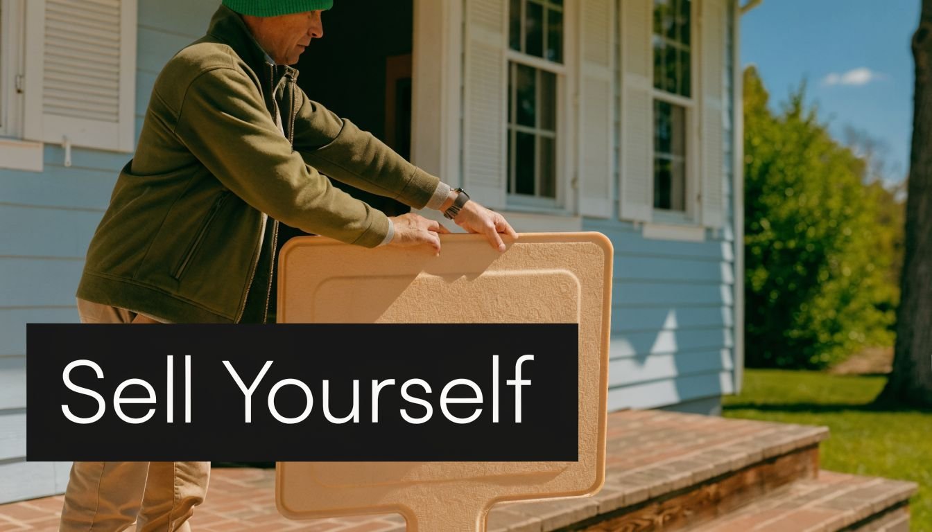 A man in a green jacket holding an empty yard sign in front of a blue house.