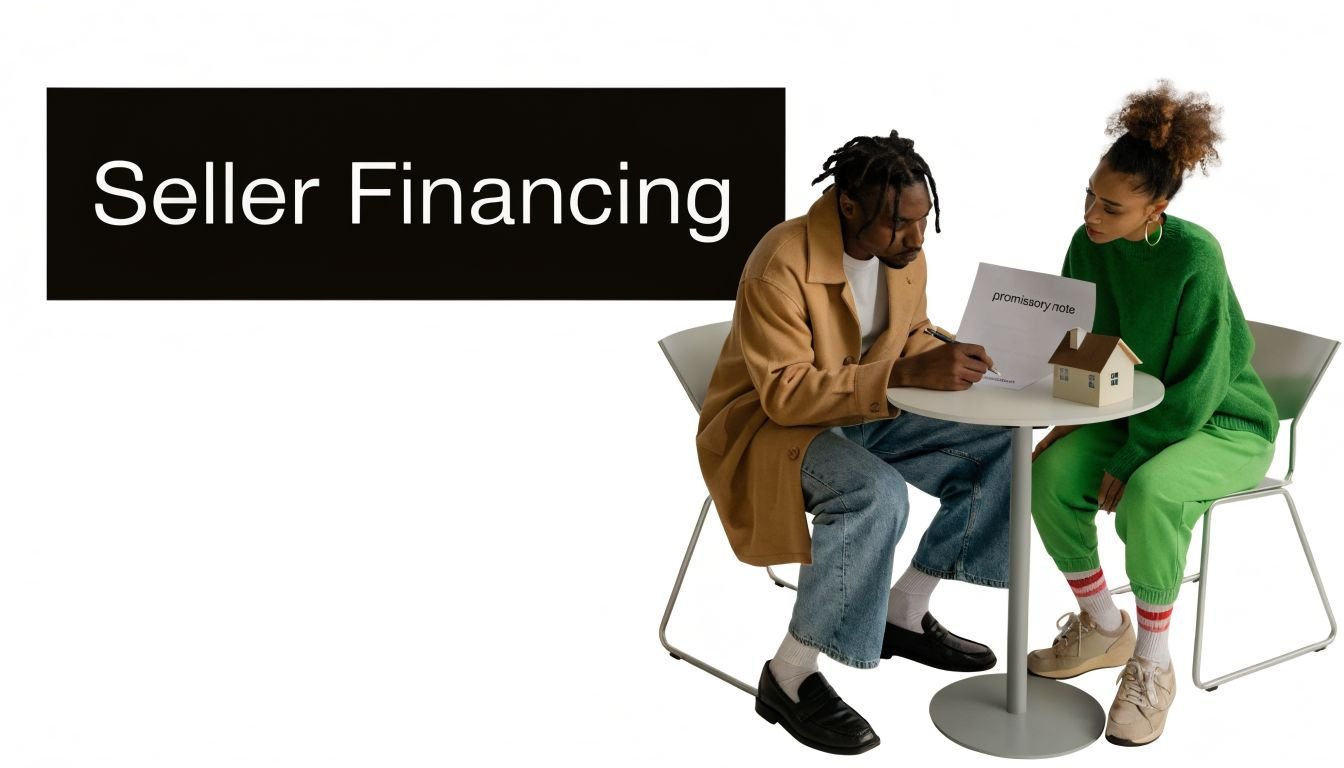 A man and woman sitting at a table signing a promissory note document for real estate financing.