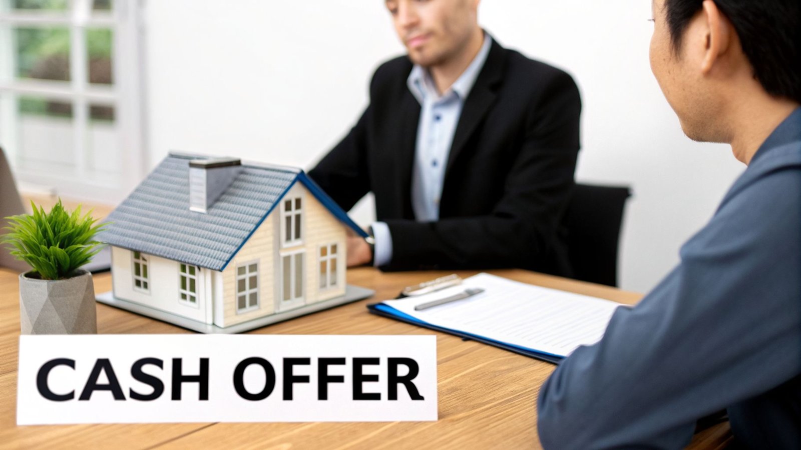 Two men discuss a property deal with a model house and a 'CASH OFFER' sign on the table.