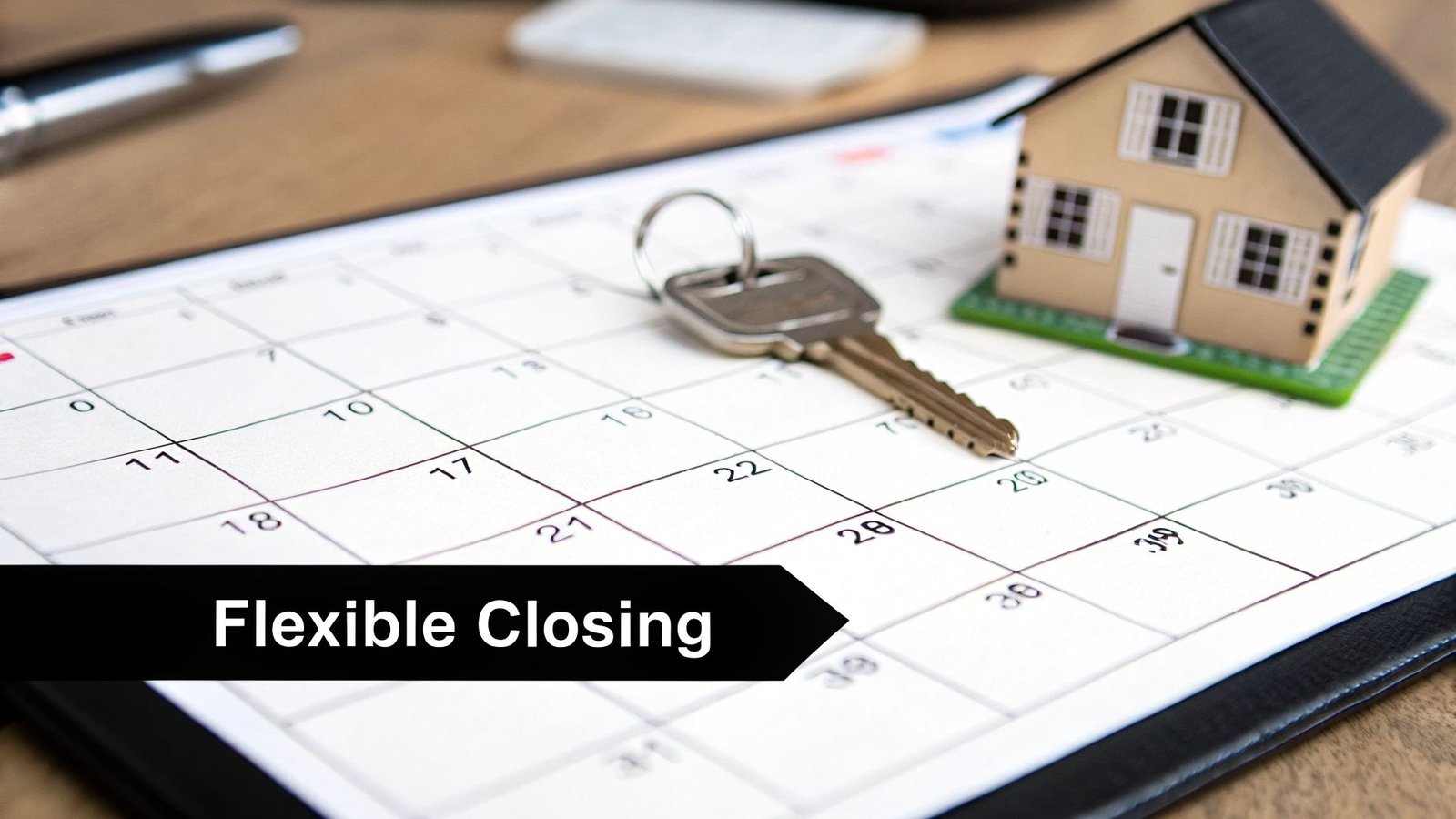 A house model and key placed on a calendar with 'Flexible Closing' text, symbolizing real estate transactions.