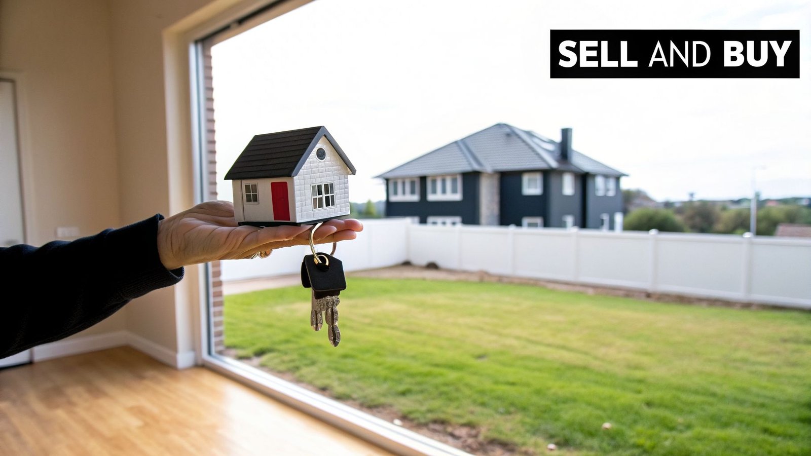 A hand holds a miniature house model and keys, with a modern home in the background, signifying property transactions.