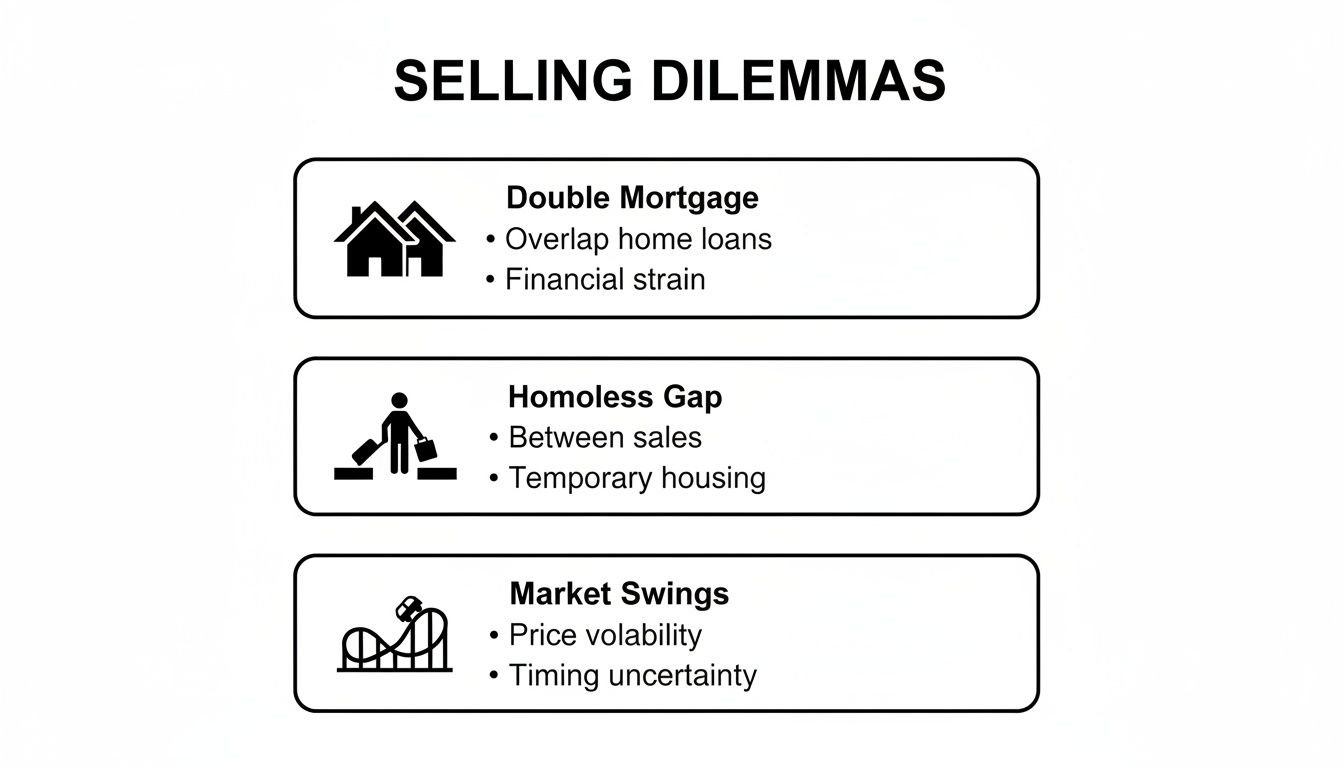A diagram titled 'Selling Dilemmas' illustrating challenges: double mortgage, homeless gap, and market swings.