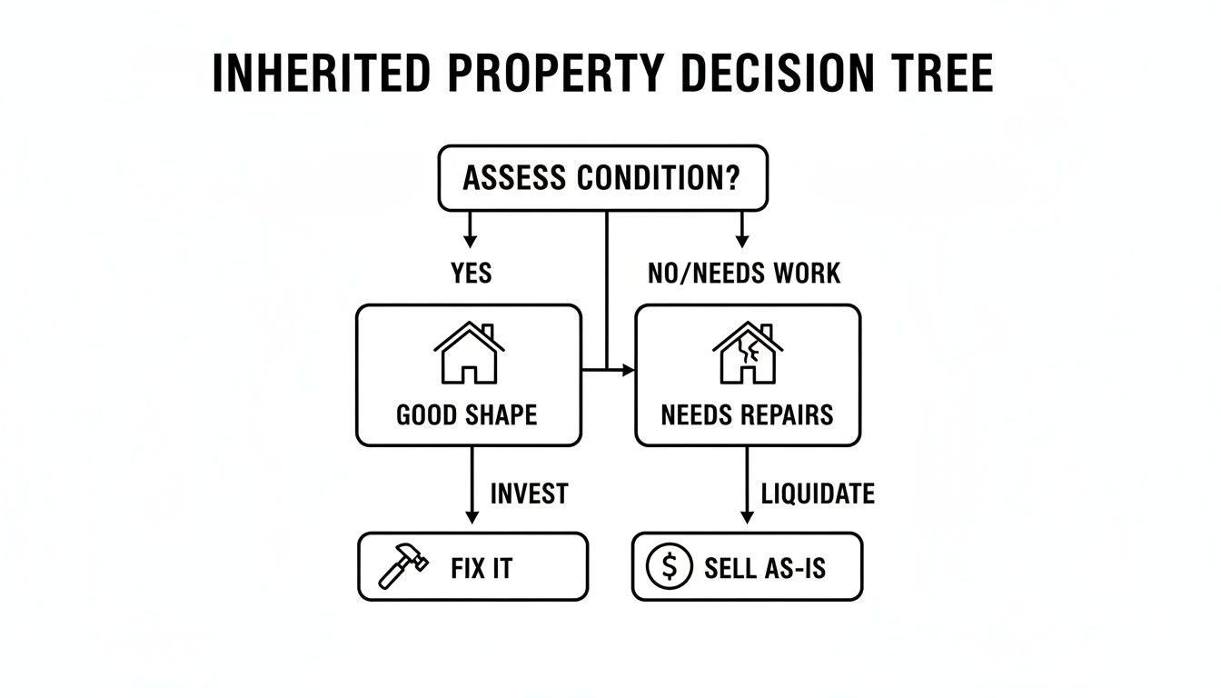 Decision tree for inherited property, showing paths for good shape (invest/fix) versus needs repairs (liquidate/sell as-is).