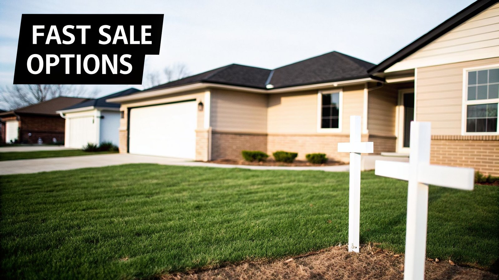 Suburban homes with green lawns under a bright sky, featuring 'FAST SALE OPTIONS' text and two white markers.
