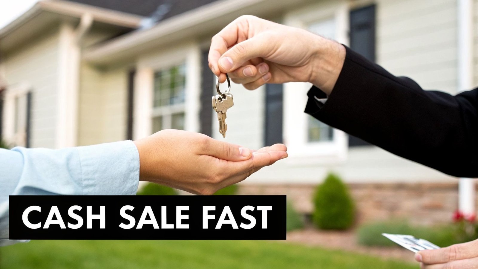A real estate agent hands house keys to a buyer in front of a residential home, text says 'CASH SALE FAST'.