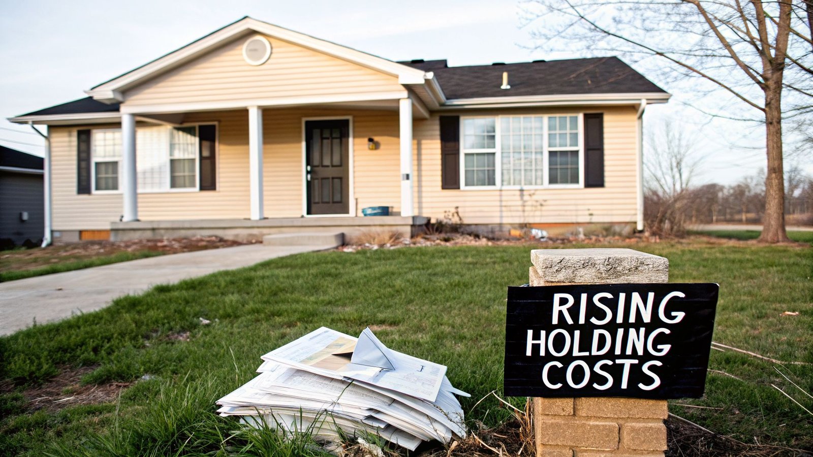 A beige house with a 'Rising Holding Costs' sign and newspapers on the lawn.