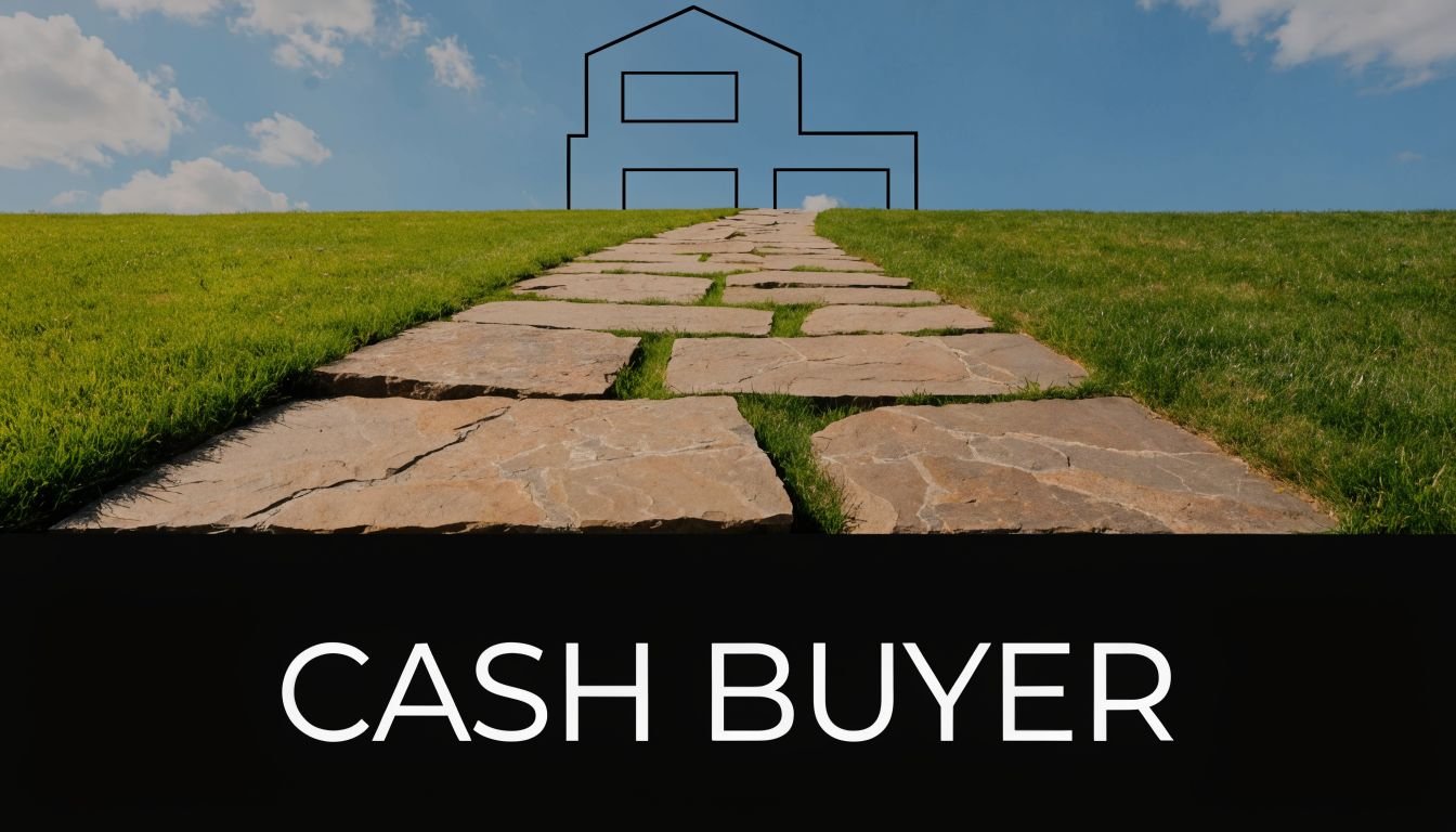 A stone walkway leading toward a simple house outline on a hill under a clear blue sky.