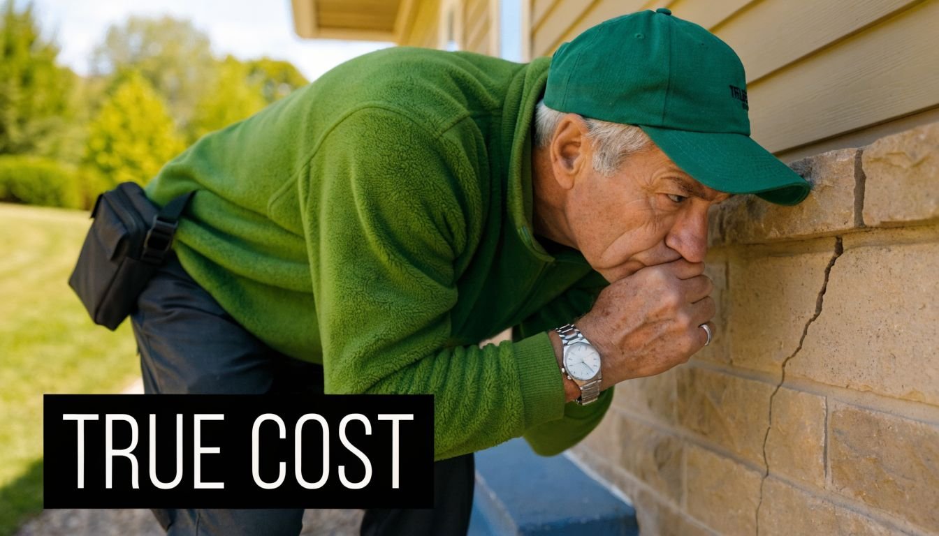 A concerned older man wearing a green cap and fleece jacket inspecting a foundation crack on a house.