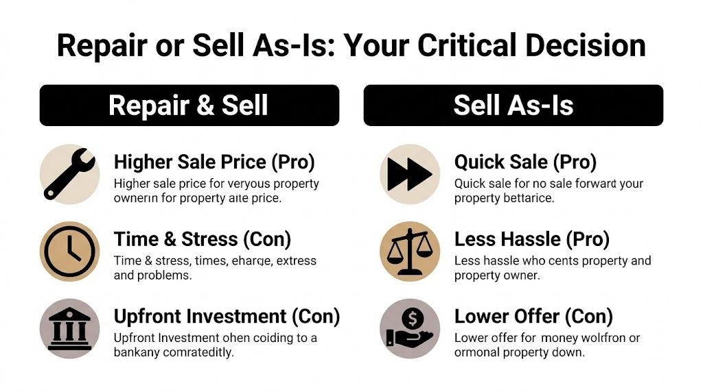 A comparison infographic showing pros and cons of repairing a home versus selling it as-is.