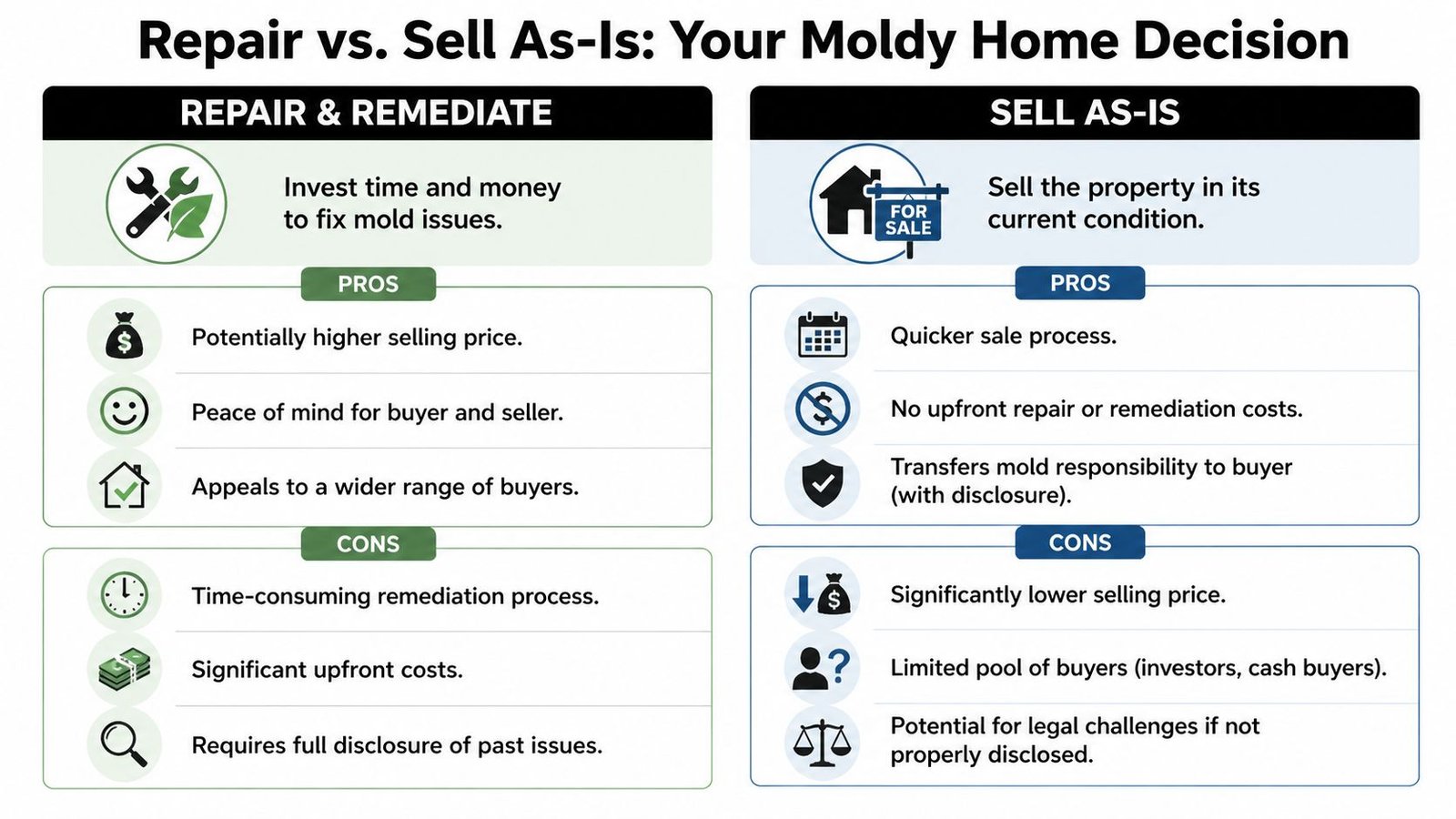 A comparison chart outlining the pros and cons of repairing mold versus selling a house as-is.