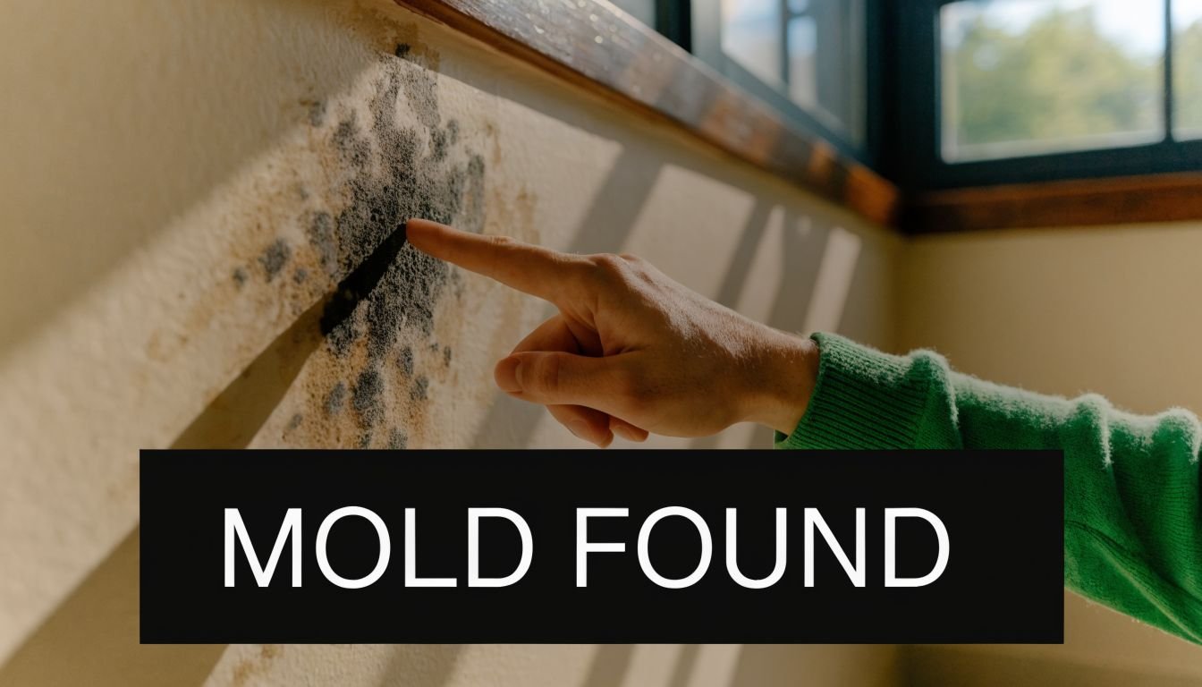 A person pointing their finger at a patch of dark mold growing on a wall.