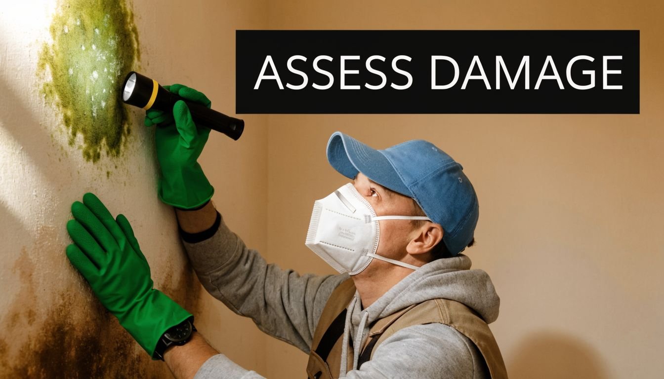A professional inspector in protective gear examines a mold-damaged wall with a flashlight in a home.