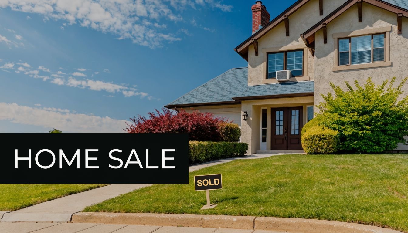 A beautiful residential house with a sold sign on the lawn under a clear blue sky.