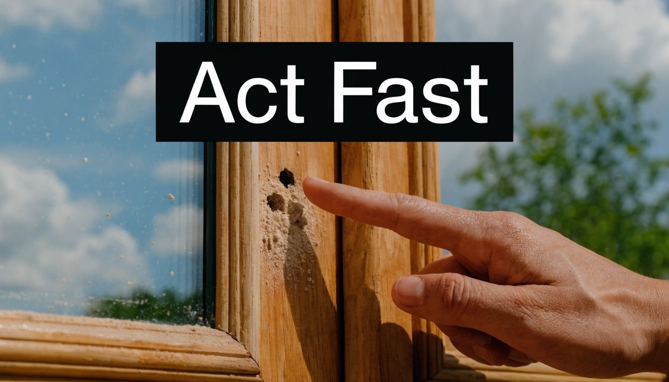 A human finger pointing at wood-boring insect holes with sawdust on a wooden window frame.
