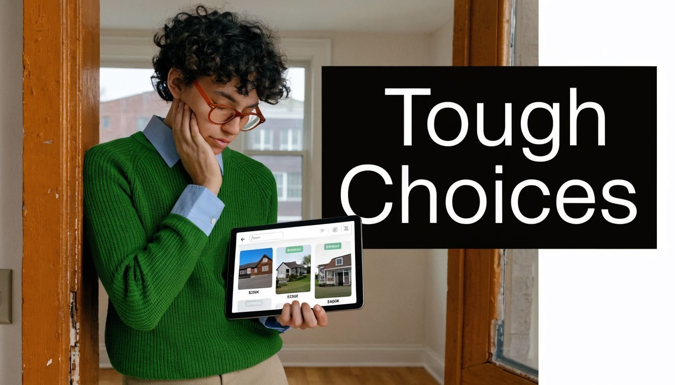 A person in a green sweater holding a digital tablet while considering real estate home listings.