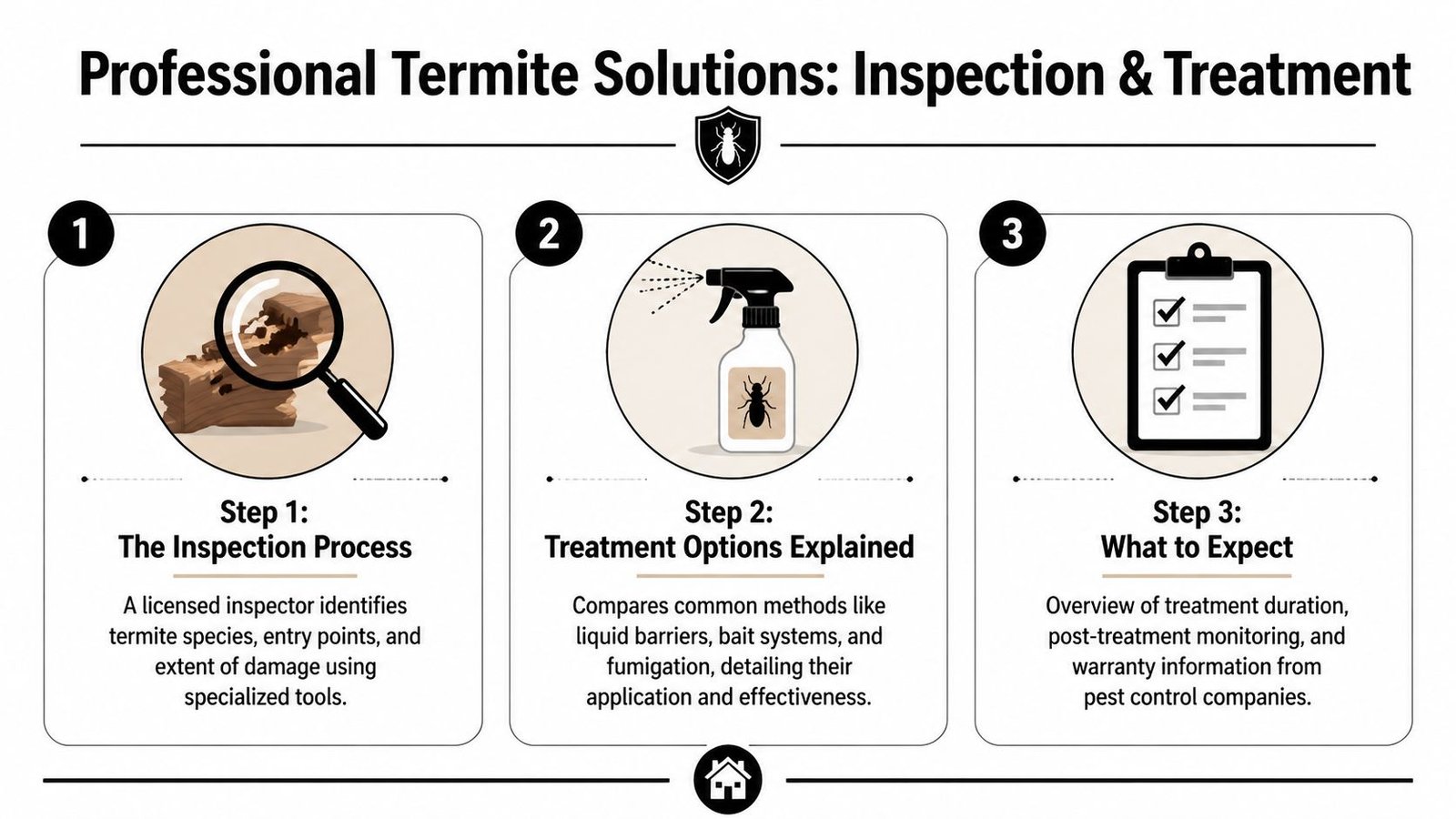 A professional guide showing the three steps for termite inspection and treatment process for homeowners.