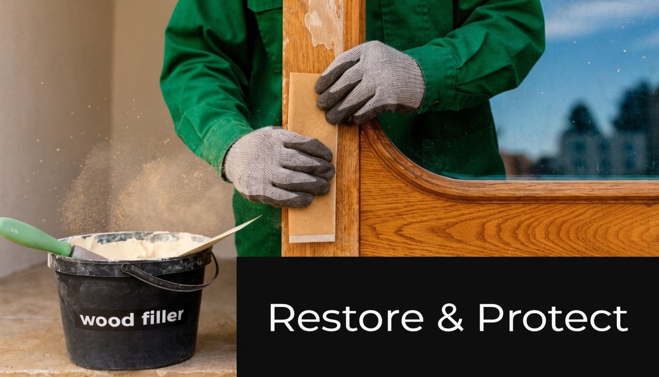 A worker in green coveralls sanding a wooden door frame, with a bucket of wood filler nearby.