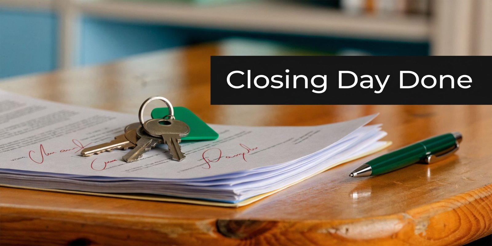 A stack of real estate closing documents with house keys and a pen on a wooden table.