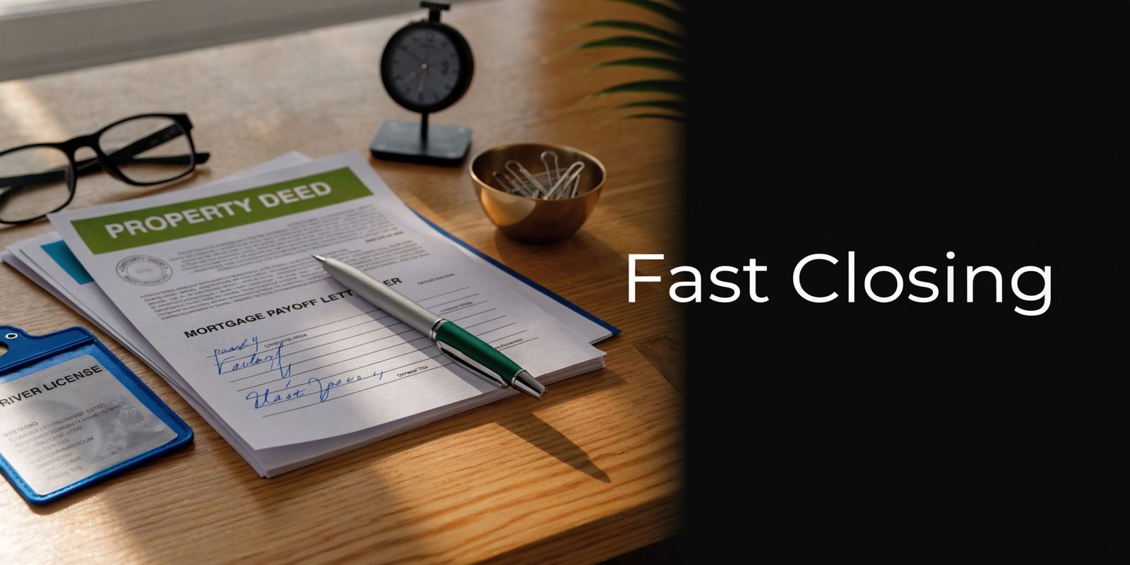 A professional desk workspace featuring a property deed, mortgage payoff letter, and pen, symbolizing fast real estate closing.