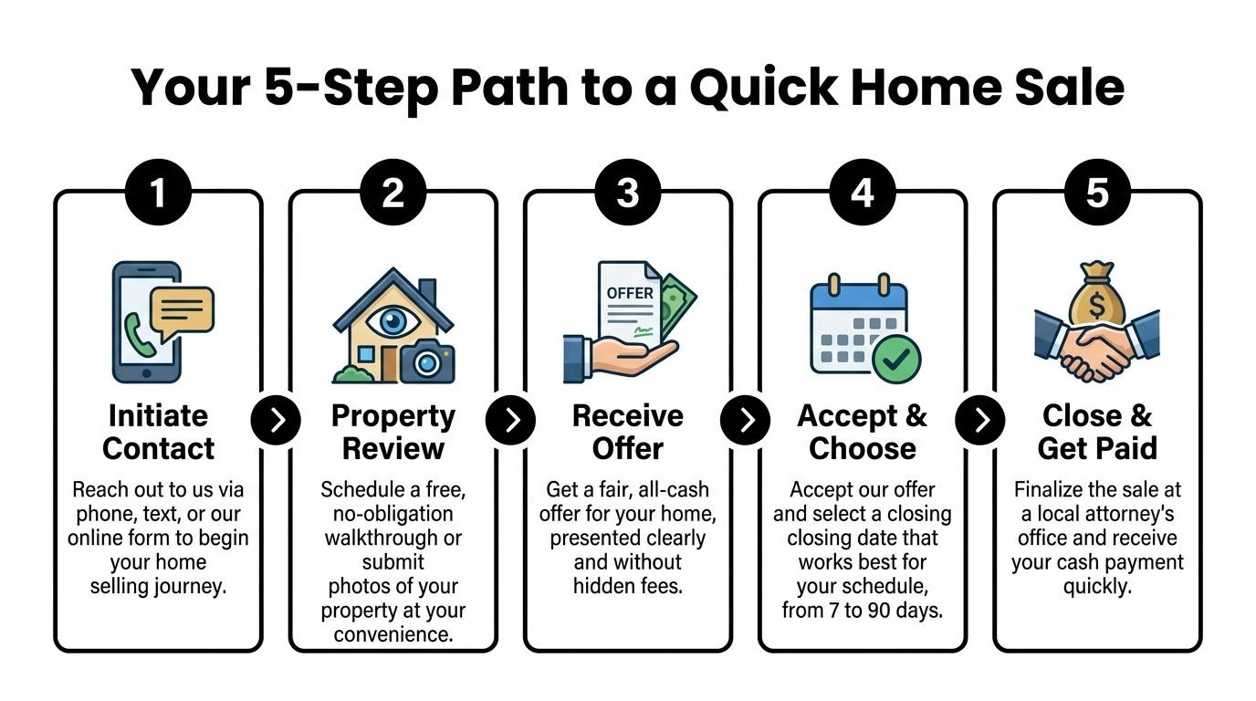 A 5-step infographic illustrating the home selling process from initial contact to receiving cash payment.