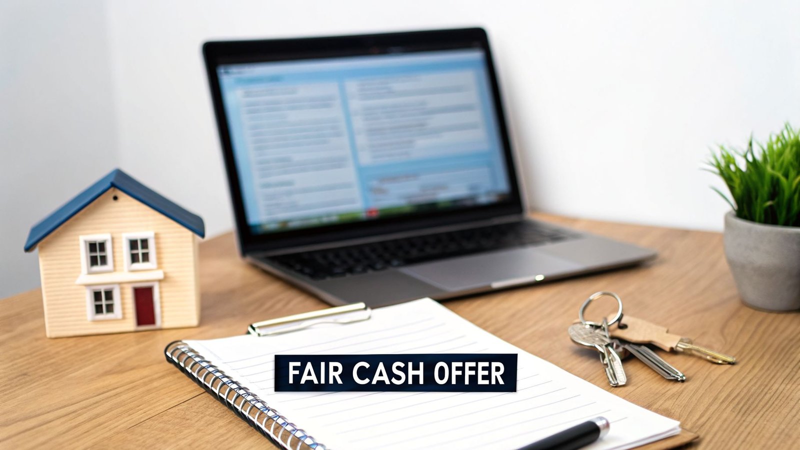 A desk with a miniature house model, laptop, keys, and notebook featuring 'FAIR CASH OFFER' text.
