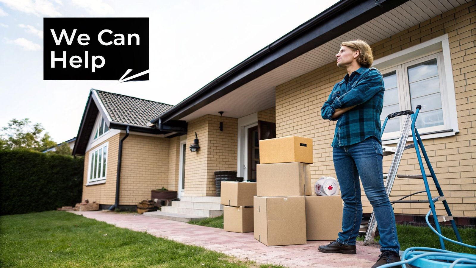 A man stands beside moving boxes and a ladder in front of a house, looking thoughtful.