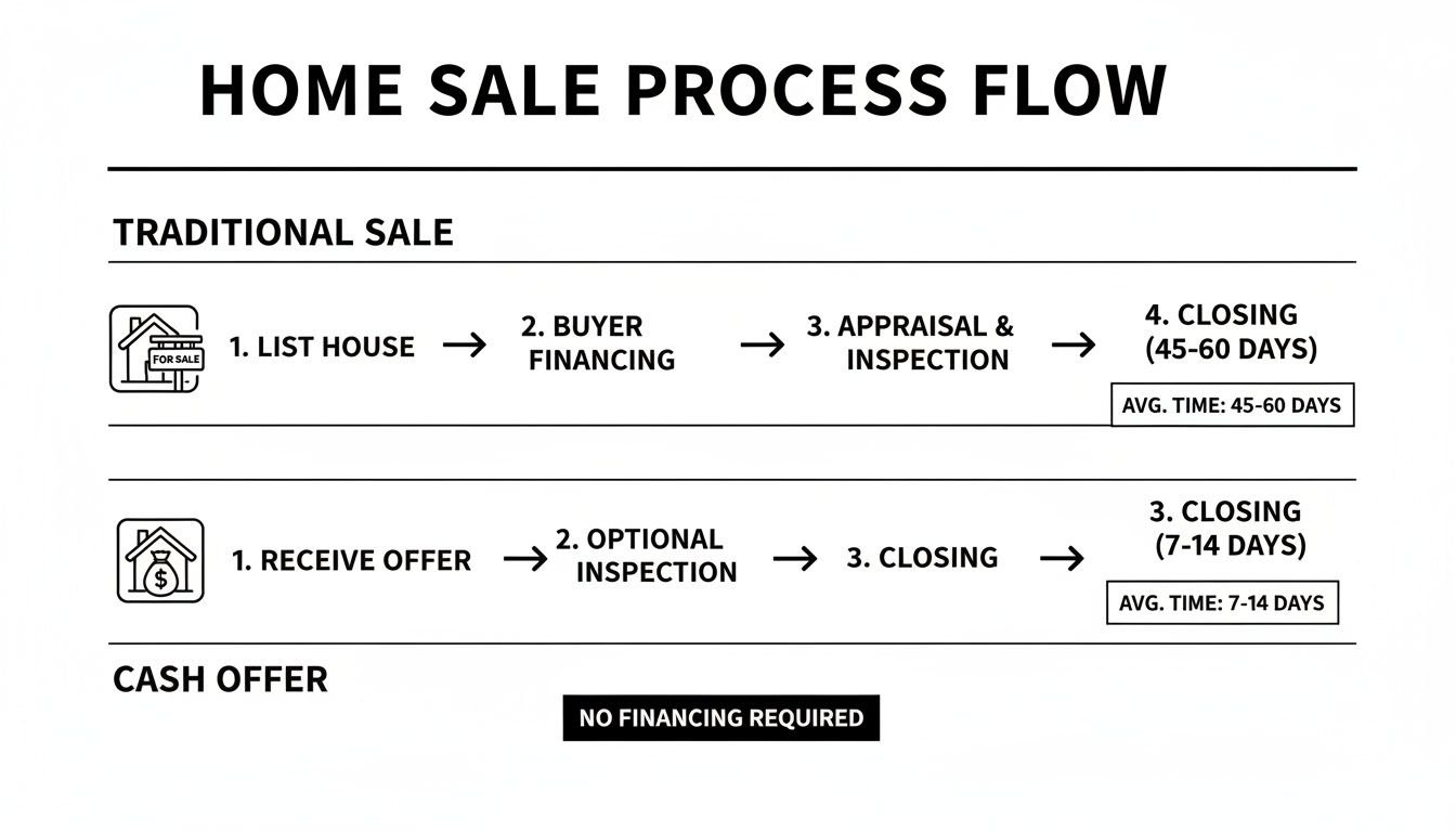 Flowchart comparing traditional versus cash home sale processes, detailing steps, average times, and financing needs.