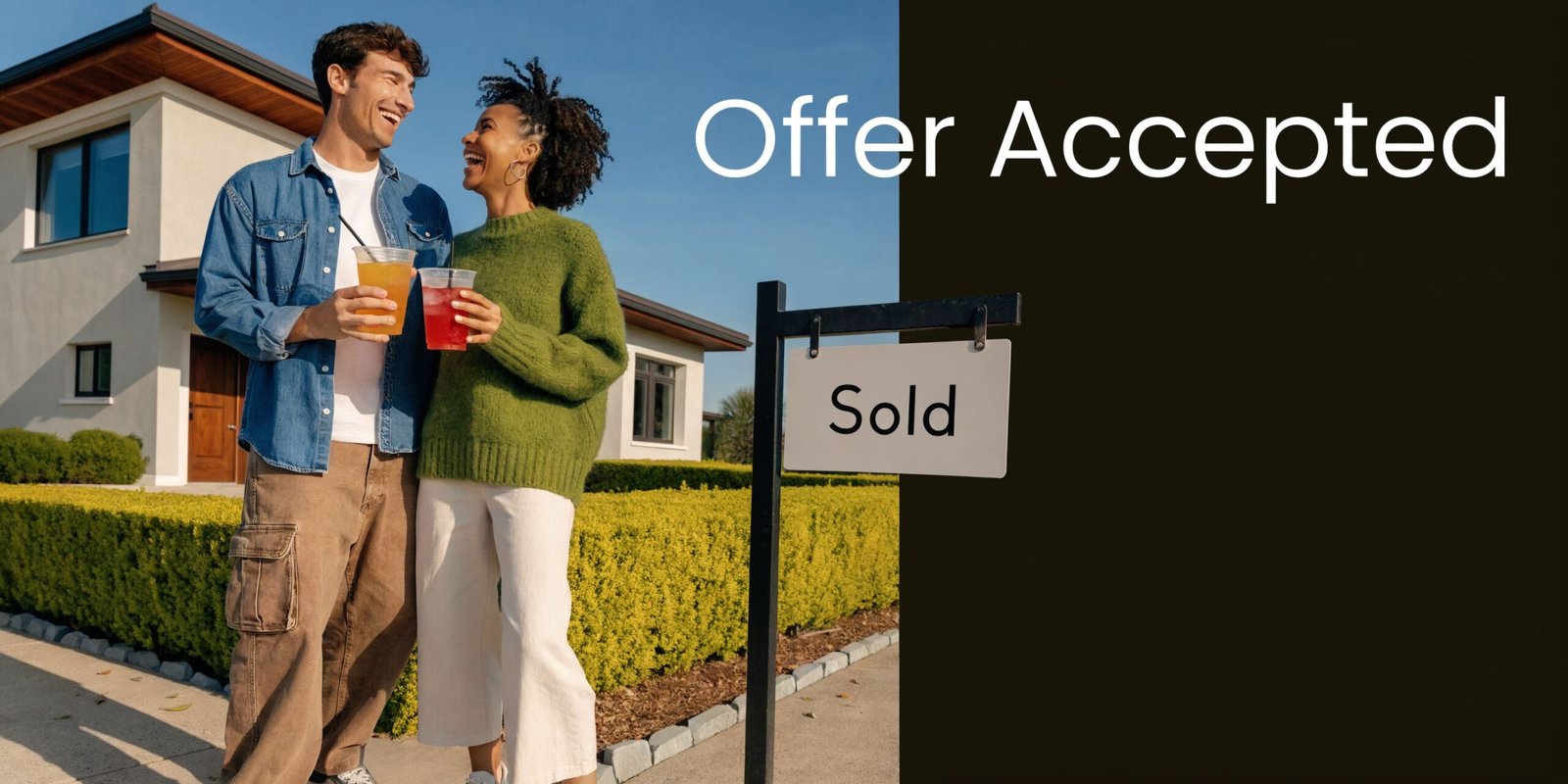 A happy couple celebrating in front of their new home with a sold sign in the yard.