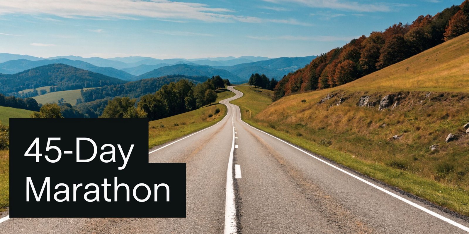 A long, winding asphalt road leading into rolling green hills under a bright blue sky.