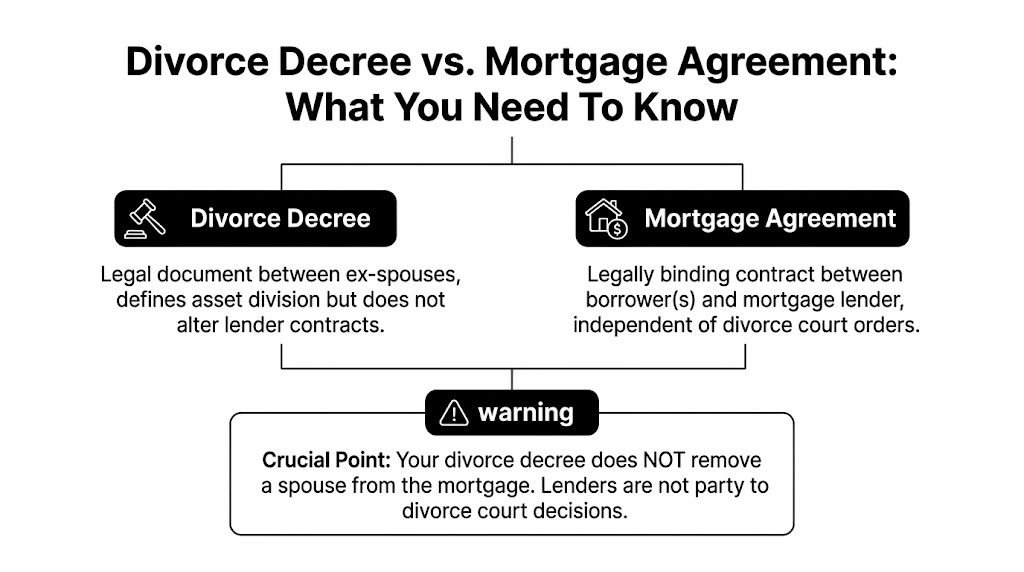 A diagram comparing a divorce decree and a mortgage agreement, explaining their differences regarding financial responsibility.