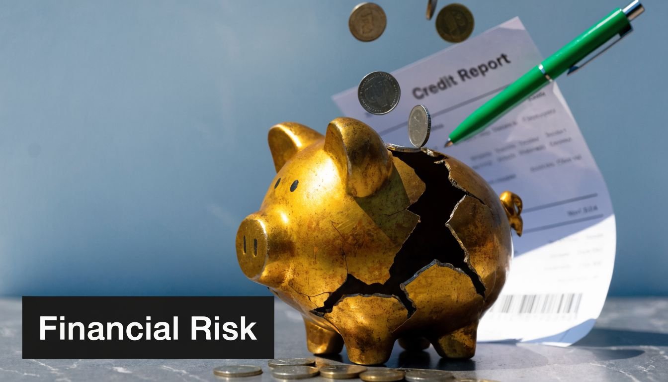 A broken gold piggy bank next to a credit report and coins symbolizing financial risk issues.