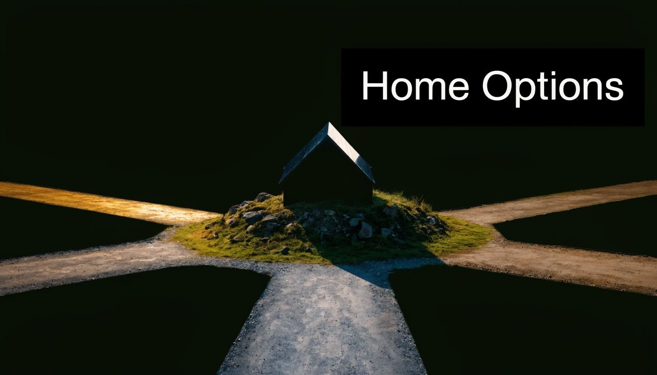 A silhouette of a house at a junction with multiple path options against a dark background.