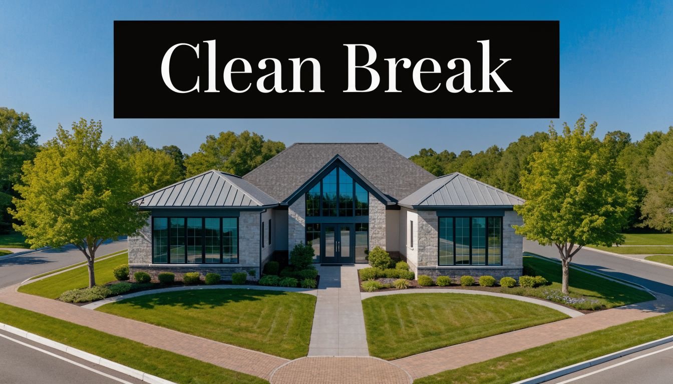 A modern single-story house with a stone facade and green landscaping, symbolizing a fresh start after divorce.