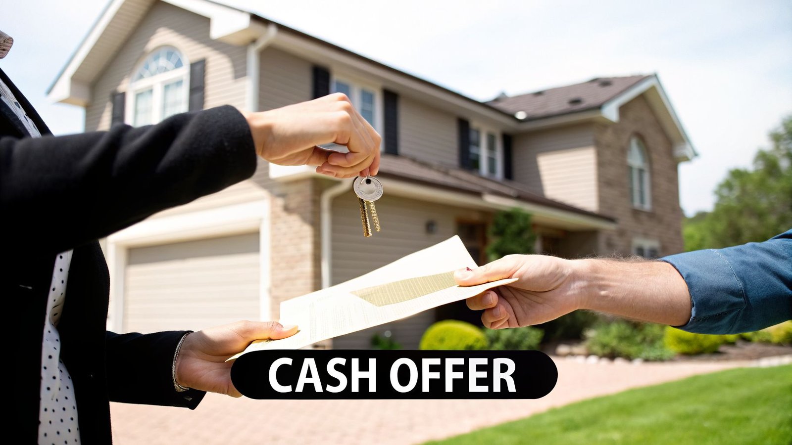 Two people exchanging house keys and a cash offer document in front of a residential home.