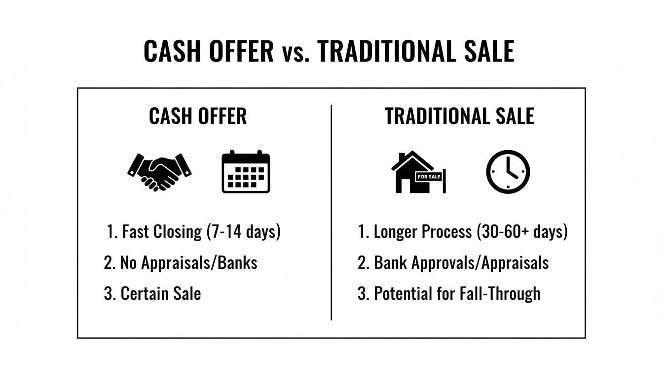 Visual comparison of cash offer versus traditional sale processes for a house, highlighting key differences.