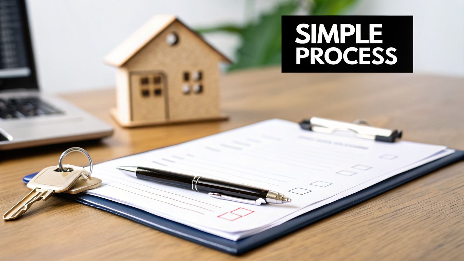 Close-up of house keys, pen on a checklist, a small house model, and a laptop on a wooden desk, with 'SIMPLE PROCESS' text overlay.