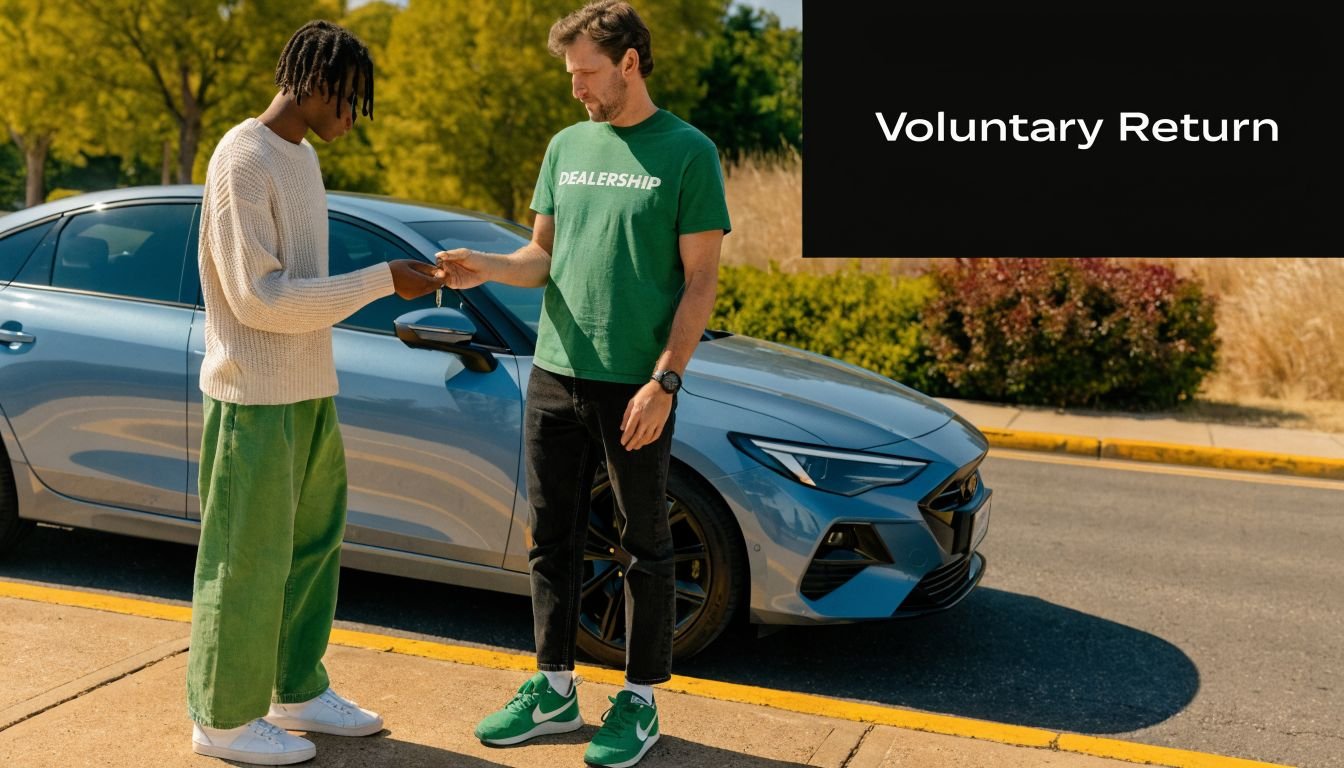 A man handing over car keys to a dealership employee for a voluntary return of the vehicle.