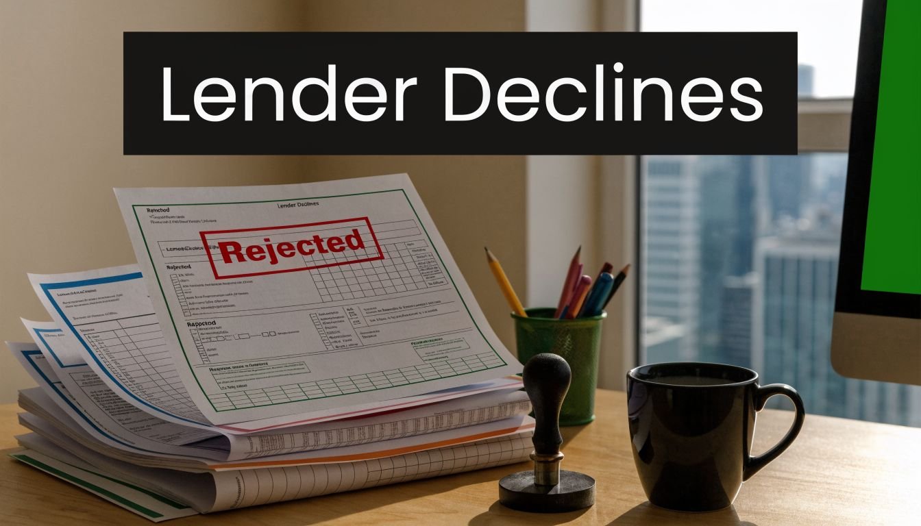 A pile of financial loan documents with a large red rejected stamp on an office desk.