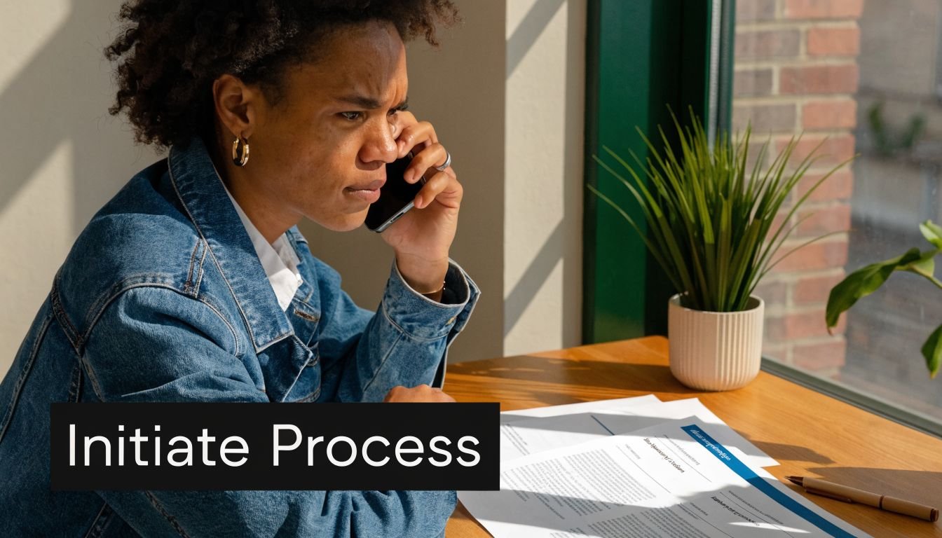 A professional woman in a denim jacket talking on her phone while reviewing important legal business documents.