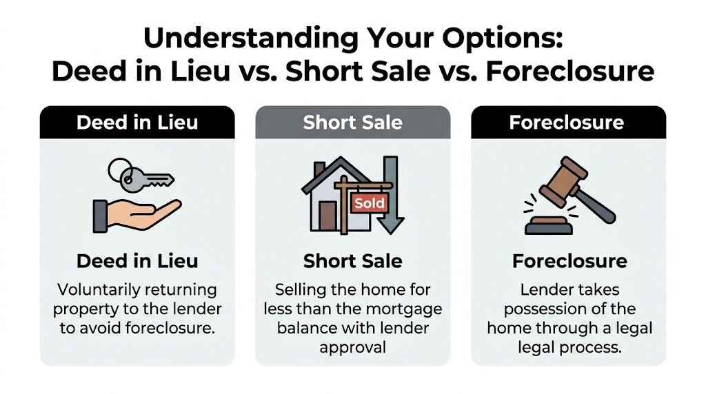 An infographic comparing the differences between deed in lieu, short sale, and foreclosure for homeowners.