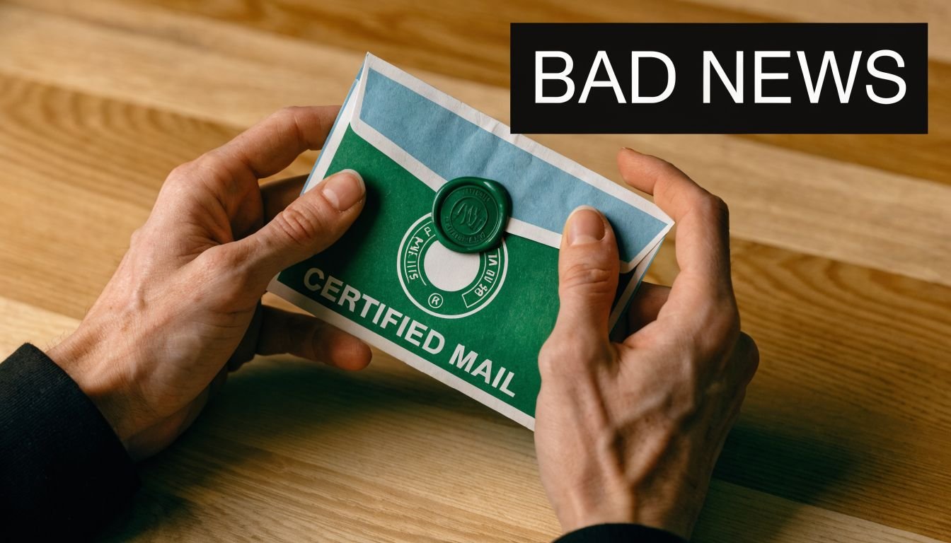 A person holding a certified mail envelope with a wax seal on a wooden desk surface.