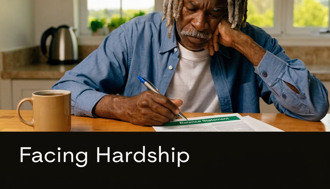 An older man sitting at a kitchen table looking concerned while reviewing a balance statement document.