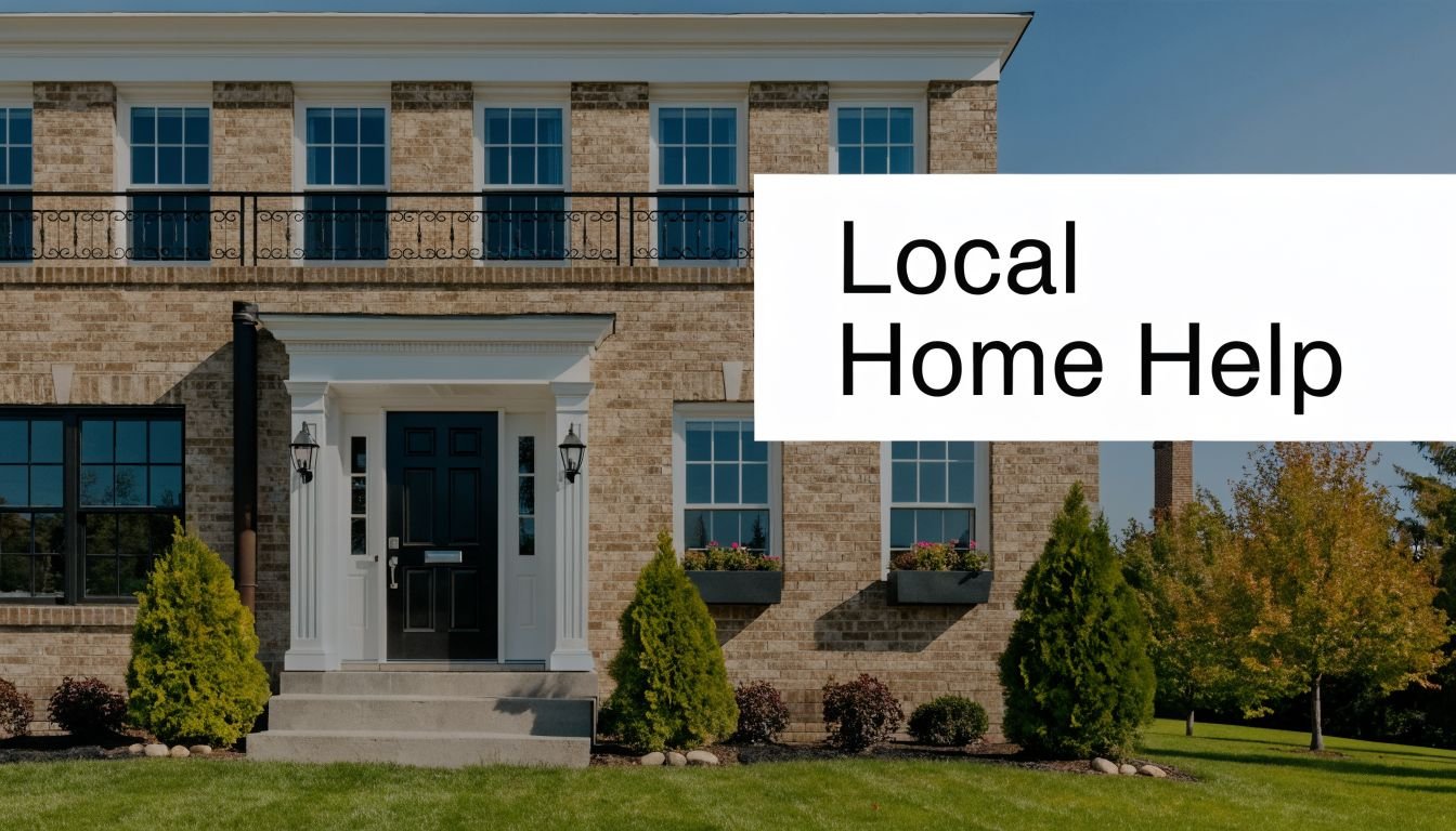 A modern two-story brick home featuring a black front door, a balcony, and a manicured front lawn.