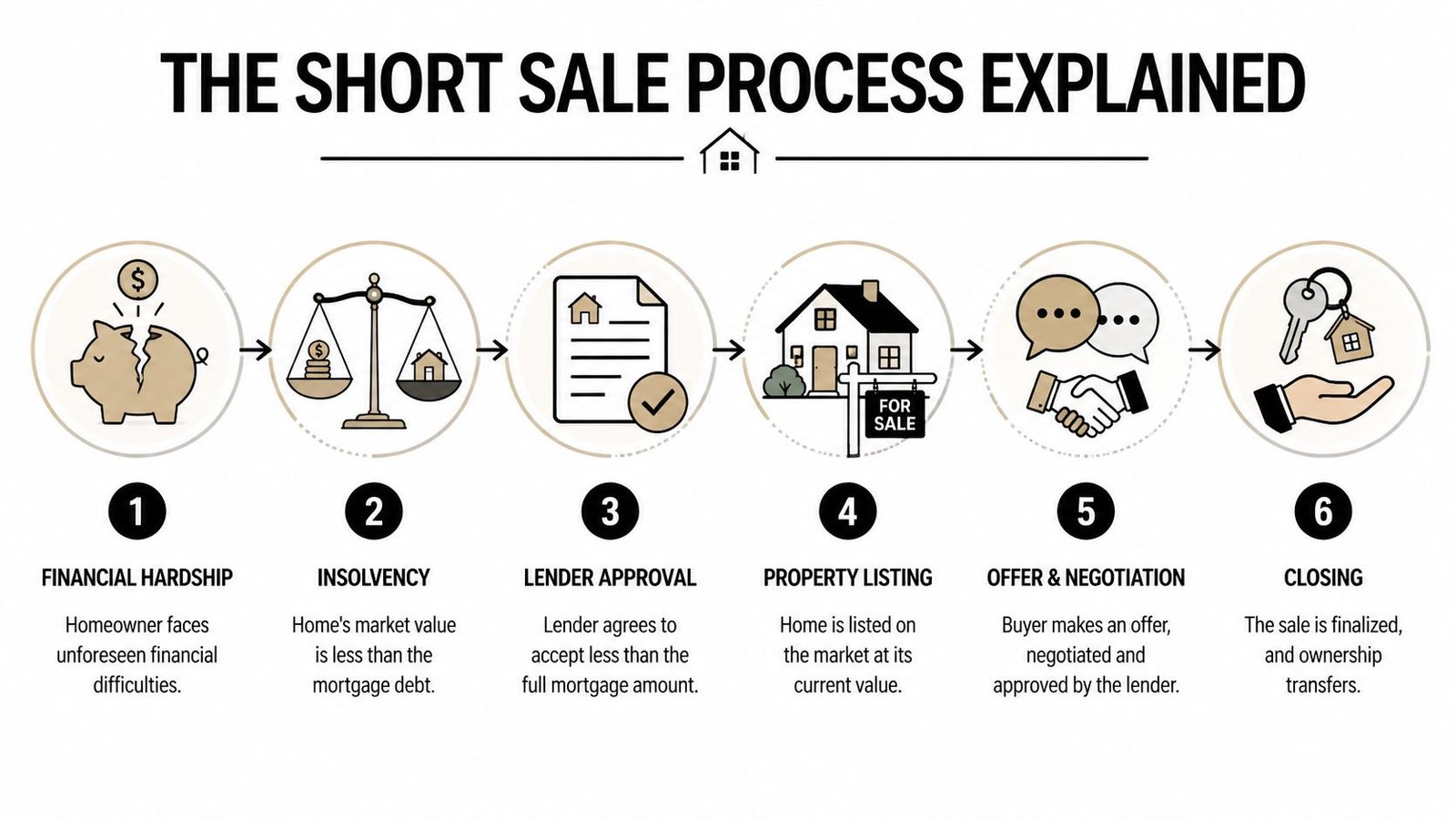 A six-step infographic illustrating the short sale process of a home from financial hardship to final closing.