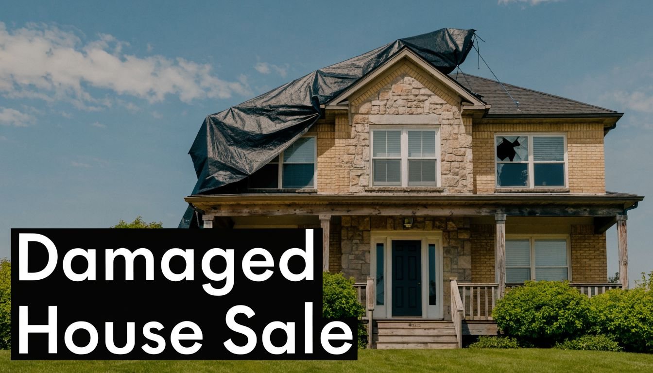 A two-story brick house with a damaged roof covered by a tarp and a broken window pane.