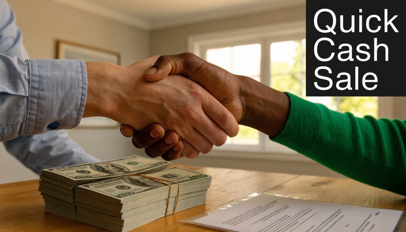 A close-up view of two people shaking hands over a stack of cash and a contract.