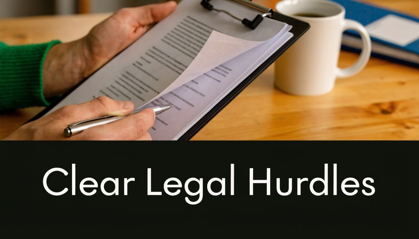 A person reviews legal documents on a clipboard while seated at a wooden desk with coffee.