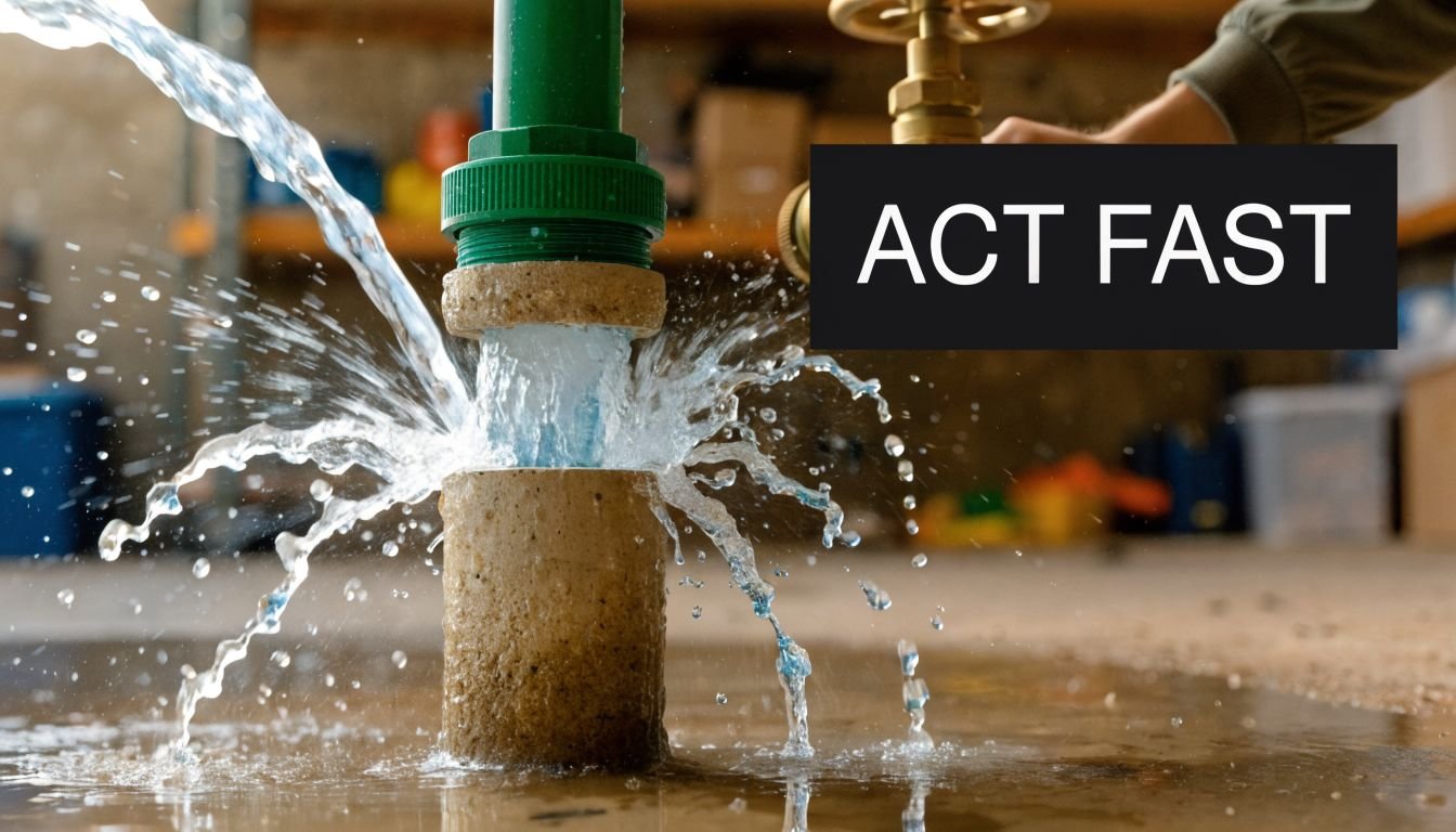 A close-up view of a damaged pipe spraying water uncontrollably inside a residential basement area.