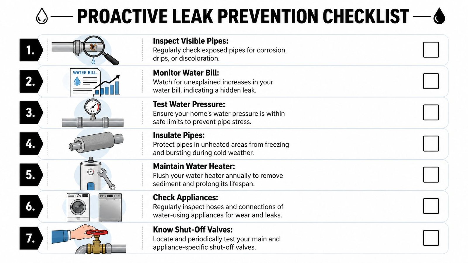 A checklist of seven proactive steps to help homeowners prevent water leaks and plumbing damage at home.