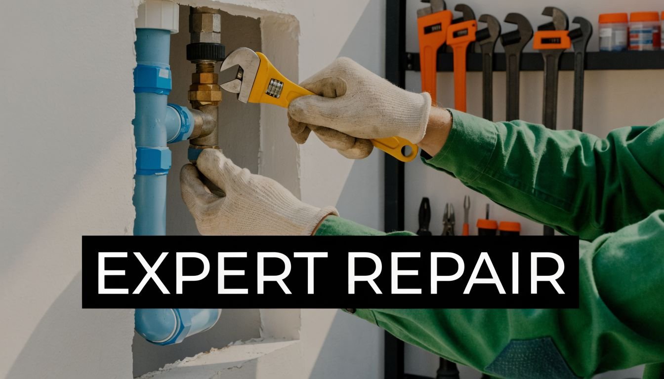 A professional plumber in green workwear uses an adjustable wrench to repair water pipes inside a wall.